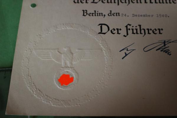 Urkunde 1. Stufe Ehrenkreuz der Deutschen Mutter - 1940